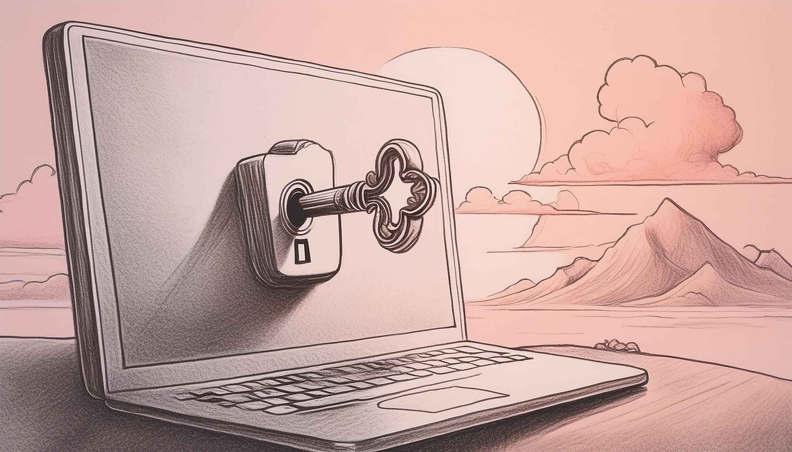 Illustration of a key unlocking a laptop, symbolizing Antioxi's account management Help Desk support.