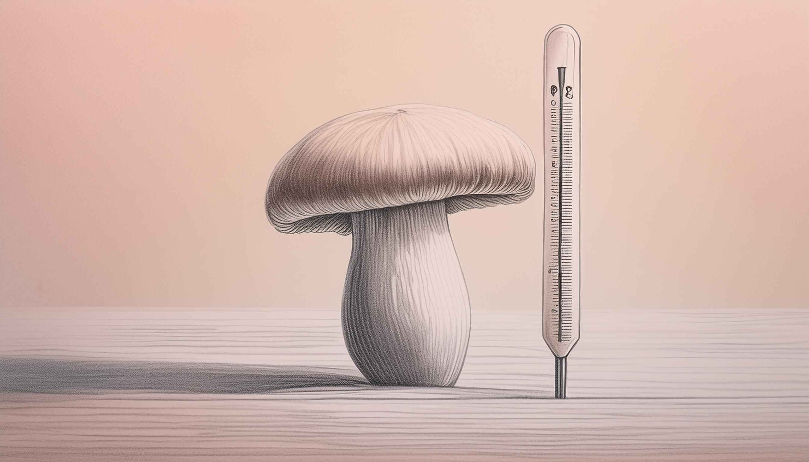 Mushroom next to a thermometer on a light background, representing an Antioxi help desk article on how brewing temperature affects the efficacy of mushroom coffee and tea.