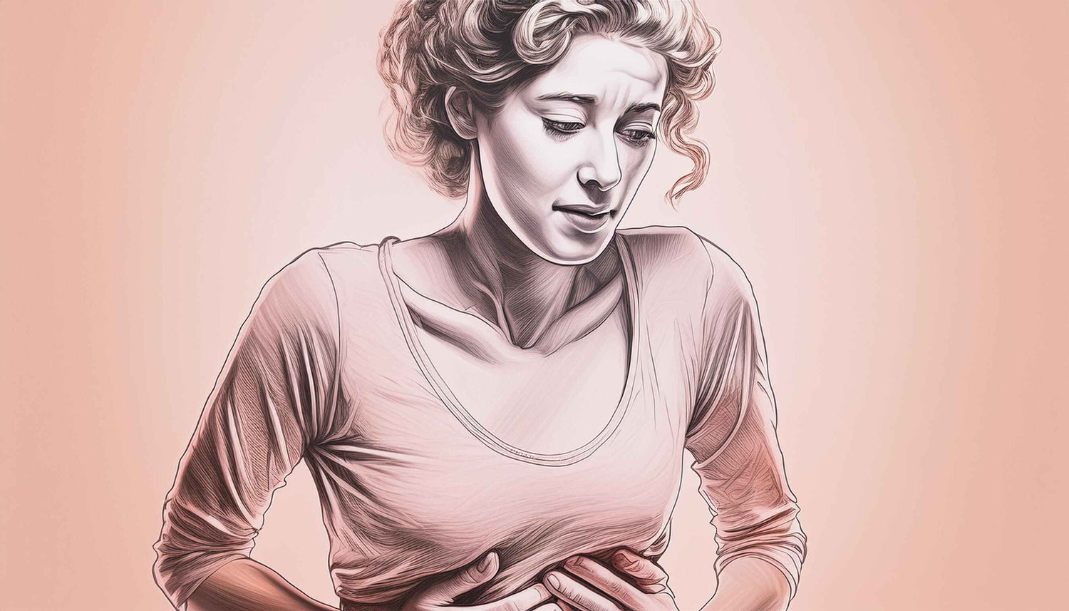 Person with stomach cramps on a muted pink background, representing an article on allergic reactions to mushrooms.