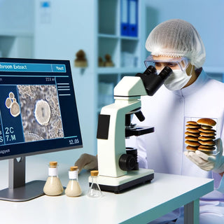 Lab technician examining Antioxi mushroom extracts samples under a microscope with a digital display indicating absence of Saccharomyces cerevisiae, ensuring purity and quality.