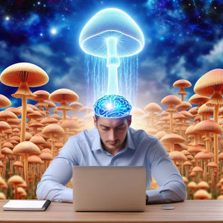 Mushroom enhancing persons think while working on a laptop
