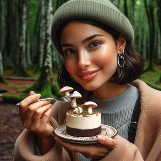 Women tasting a mushroom on a cake 