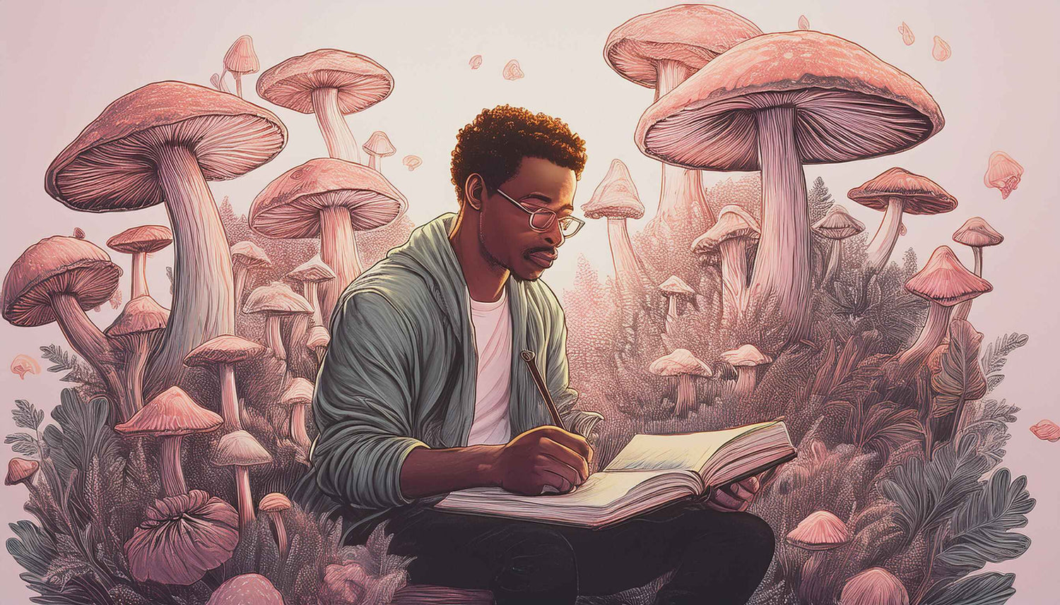 Person Sitting on a book surrounded by mushroom - antioxi