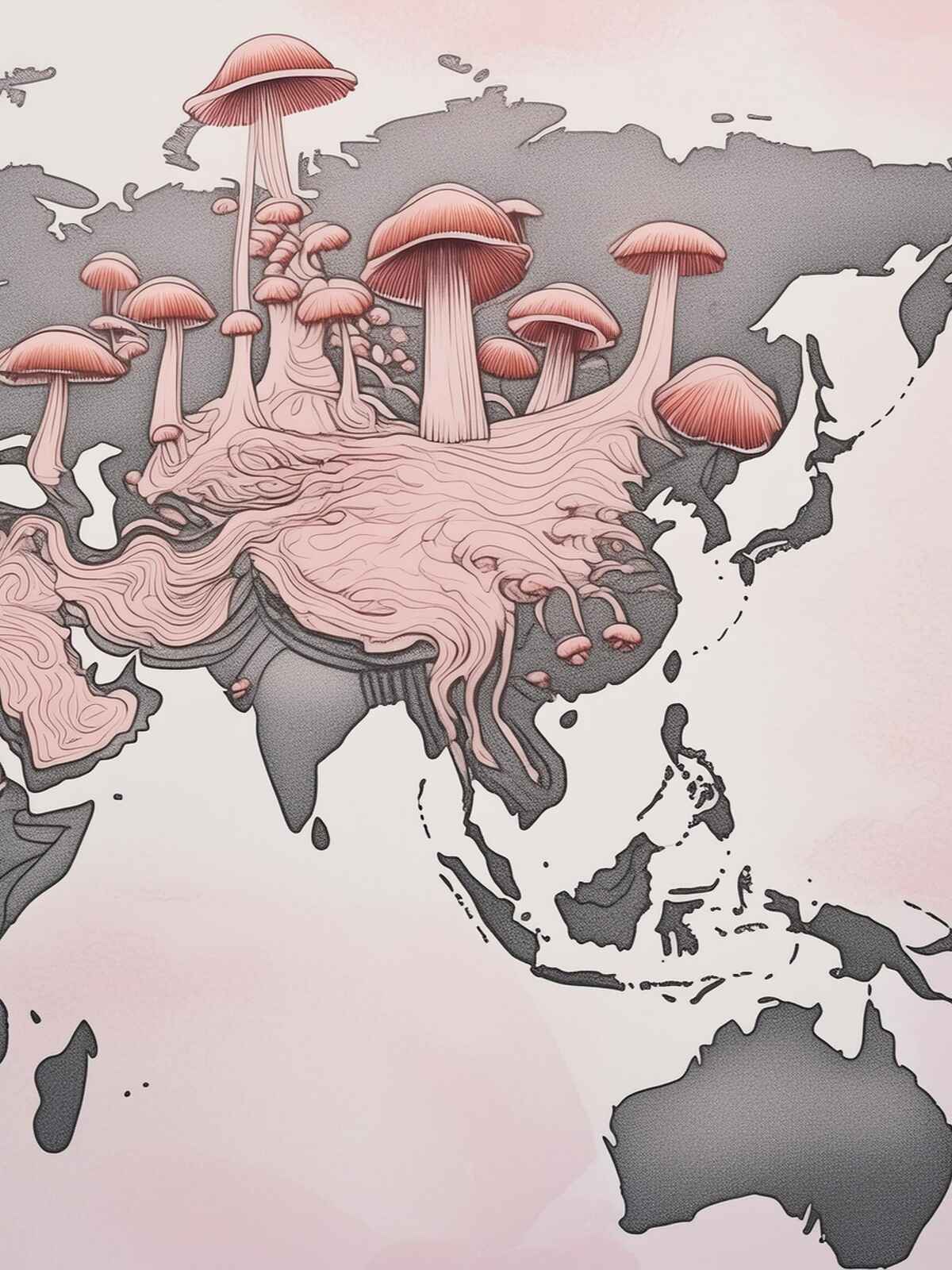 Map of Asia with mushrooms marking locations, showcasing our premium mushroom sourcing from the best regions for optimal quality and purity.