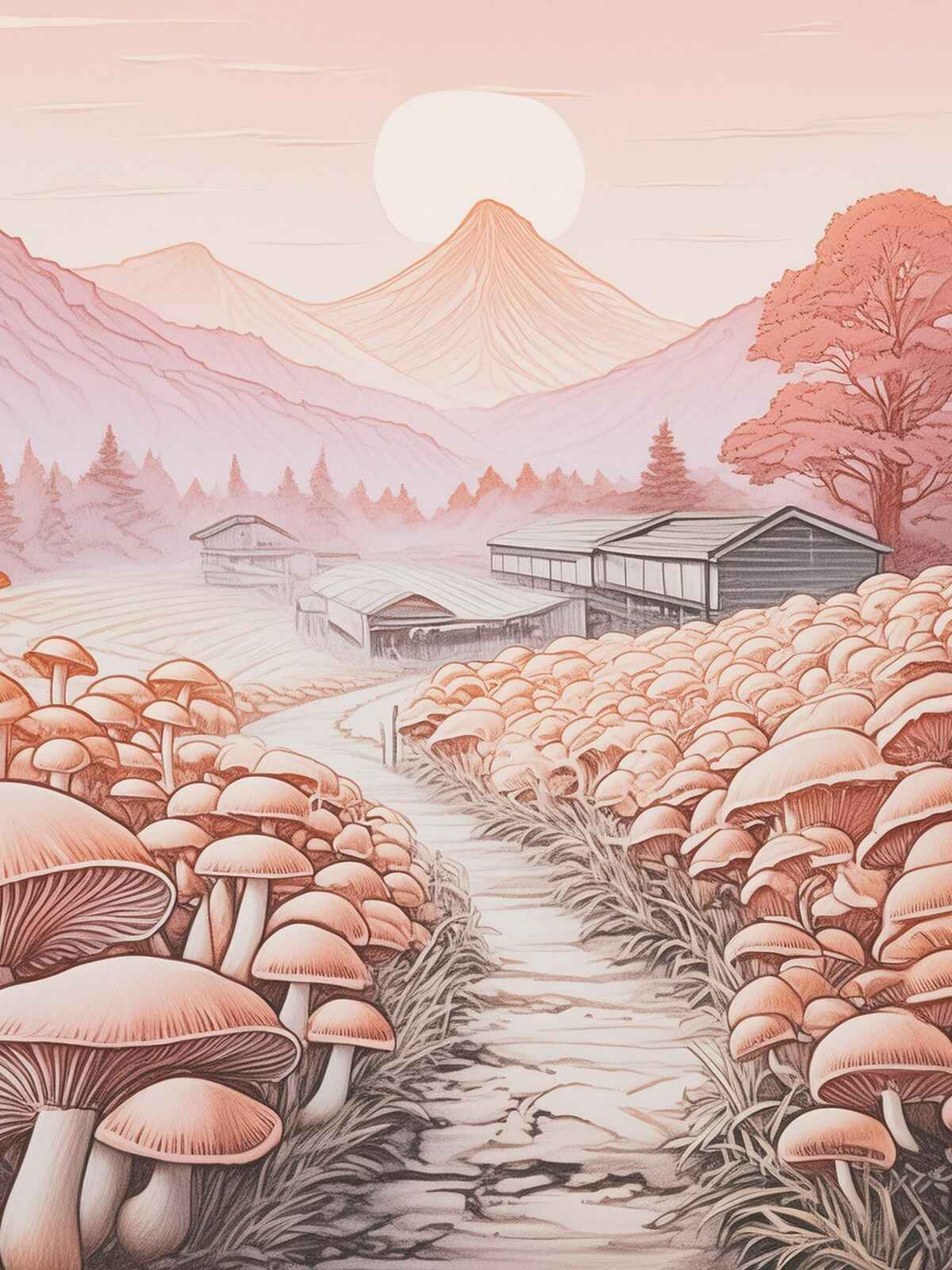 Drawing of a mushroom farm in China, highlighting our sustainable and high-quality mushroom cultivation practices in the region.