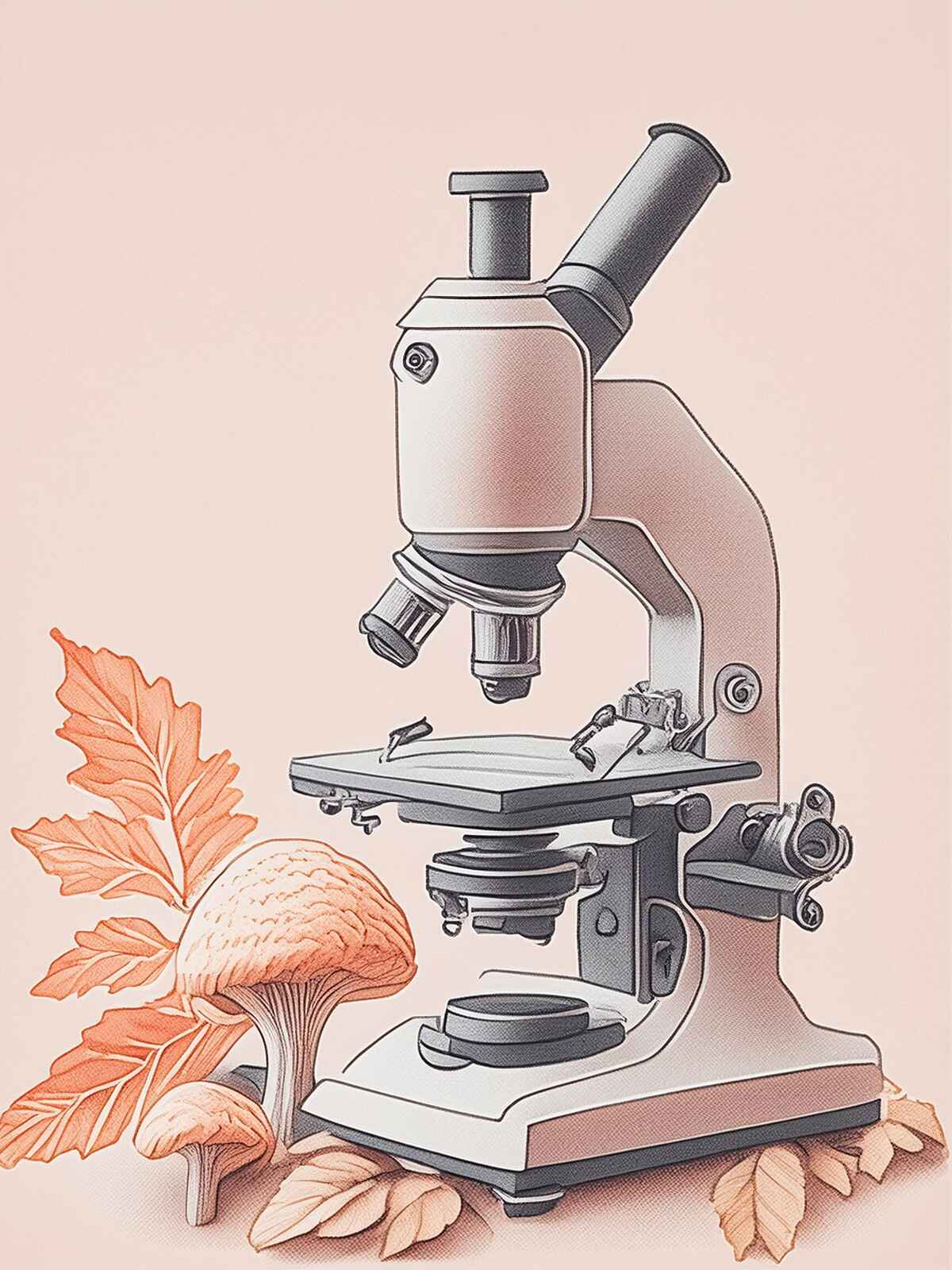 Drawing of a microscope analyzing a mushroom sample, highlighting the rigorous testing and quality assurance of our mushroom products.