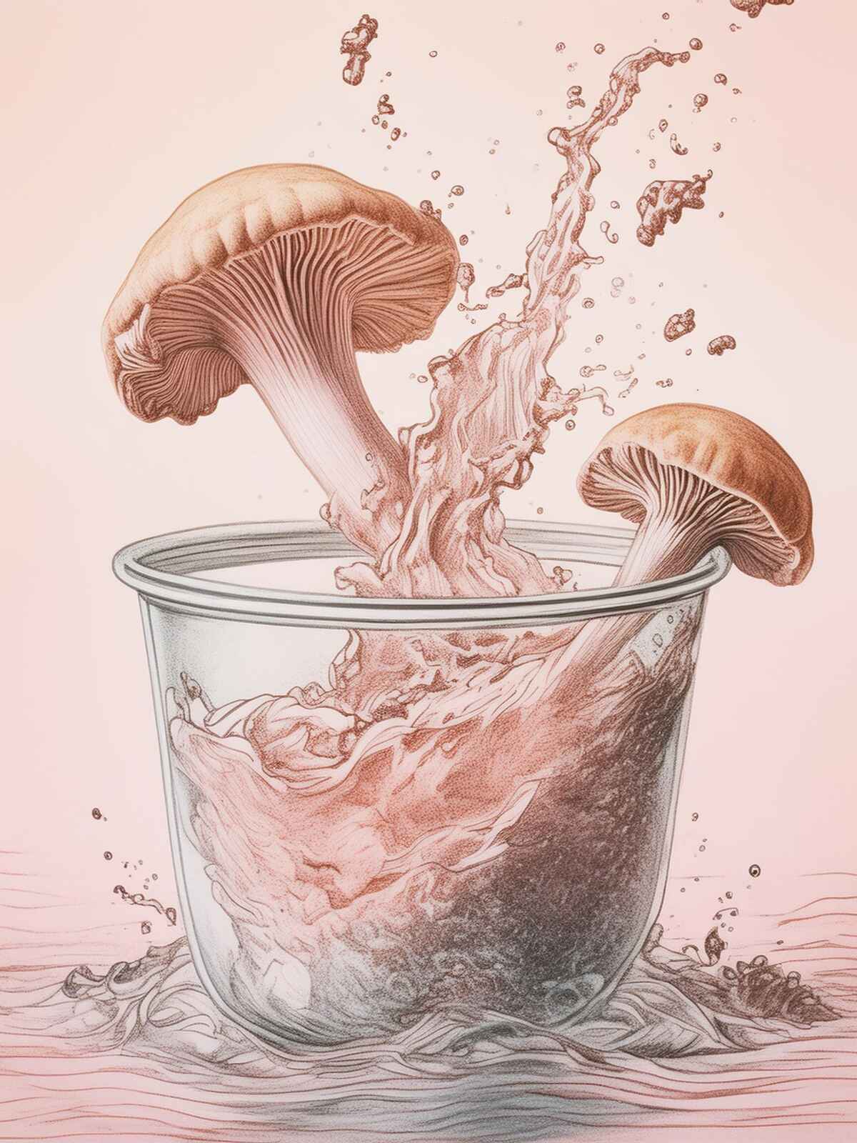 Drawing of mushroom powder being mixed into a container of water, depicting the water extraction process for mushroom extracts.