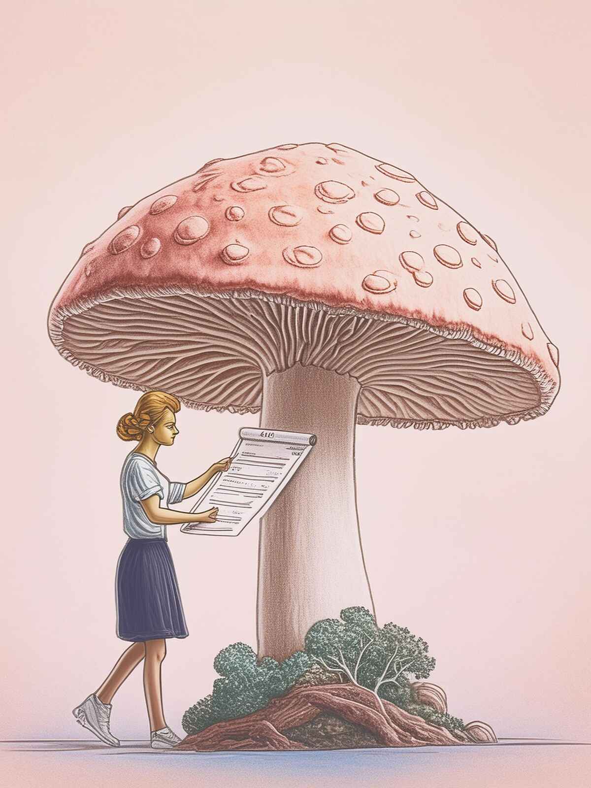 Drawing of a person adding a prize certificate to a mushroom, symbolizing the award-winning quality of our mushroom products.