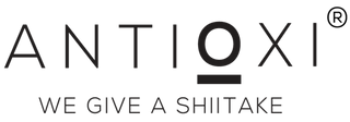 Antioxi logo with circled 'o' representing complete quality commitment and an underline denoting a strong foundation, alongside the slogan 'We give a shiitake'.