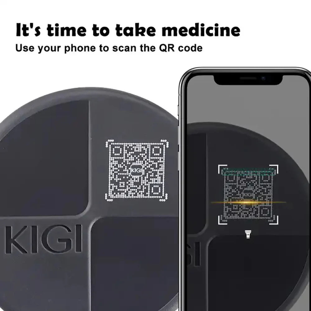 Antioxi and Kigi pill box with a QR code on the cap, linking to a free Pill Reminder App for Apple and Android devices to ensure you never miss a dose.