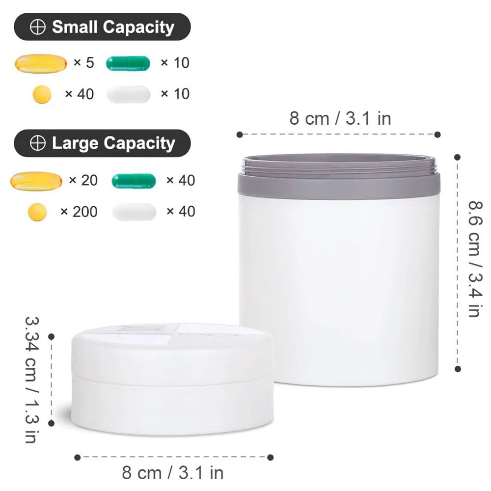 Image showing the travel compartment and large compartment capacity of the Antioxi and Kigi portable pill box, ideal for organizing daily medication.