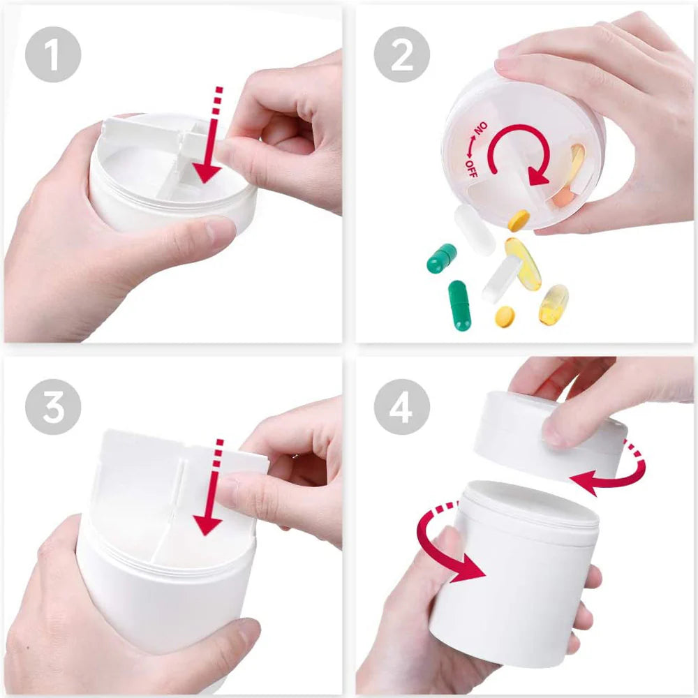 Image demonstrating how to assemble the Antioxi and Kigi portable pill box, including attaching the travel compartment to the large compartment for secure medication storage.