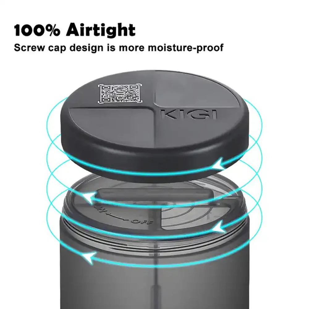 Antioxi and Kigi pill box with 100% airtight, 360° rotatable cover to prevent pill scattering and deterioration.