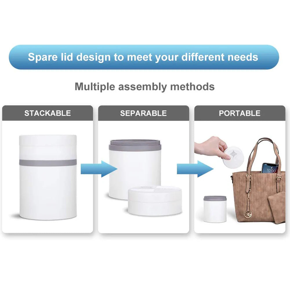 Image demonstrating the multi-assembly methods of the Antioxi and Kigi pill box: stackable, separable, and portable for versatile medication storage.