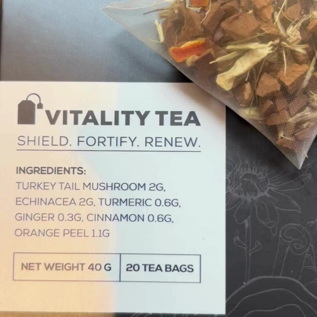 Close-up of Antioxi Vitality Mushroom Tea packaging next to a tea bag filled with the ingredients.