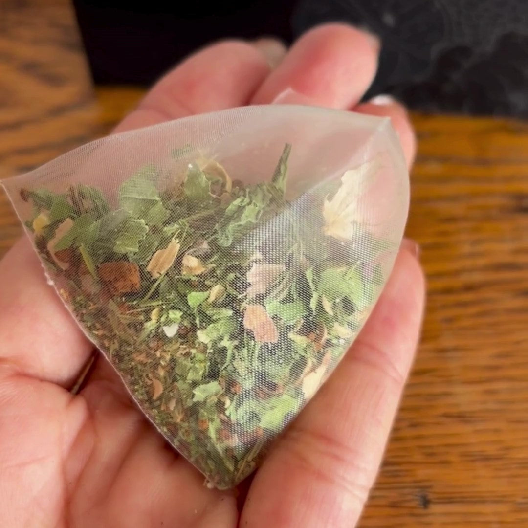 Close up of a hand holding a tea bag filled with Antioxi Gut Mushroom Tea loose leaf blend.