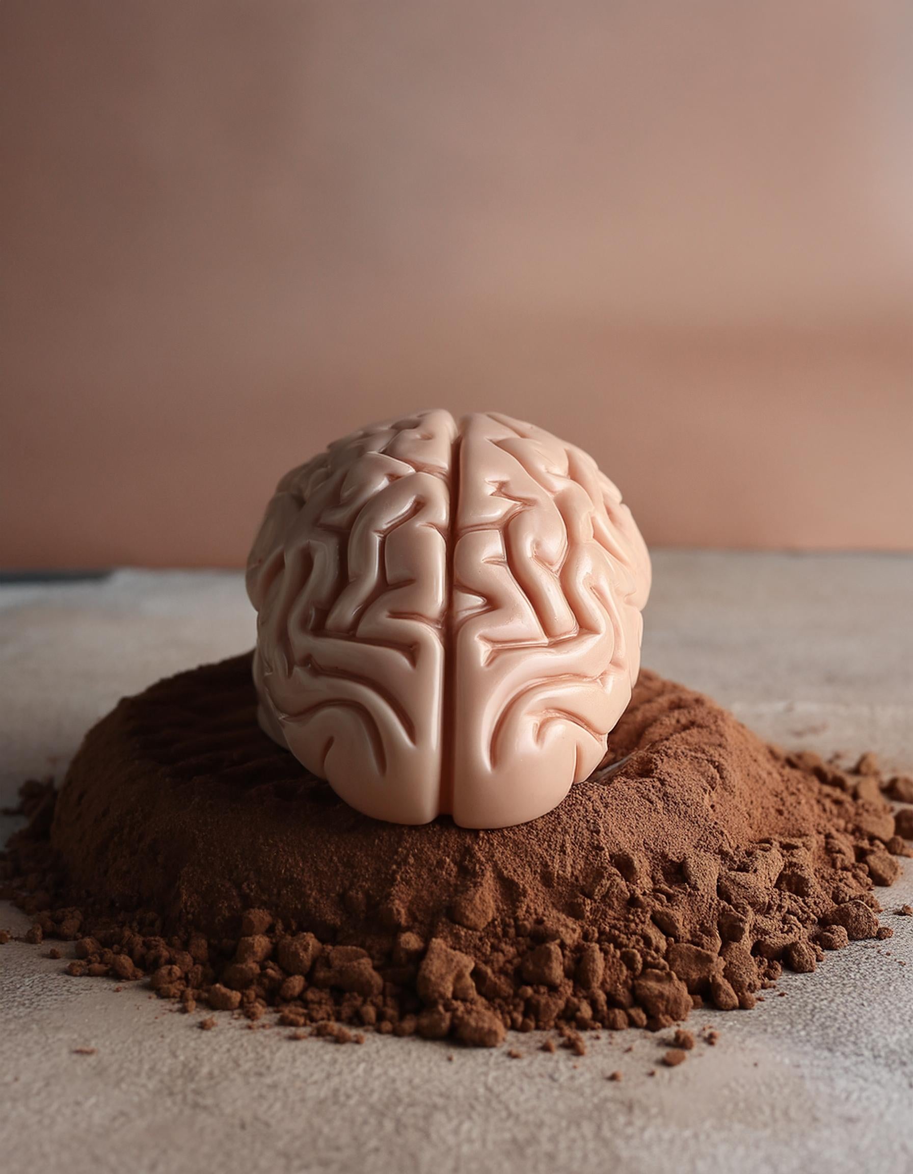 Brain lying on a heap of brown mushroom powder extract, symbolizing support for brain health