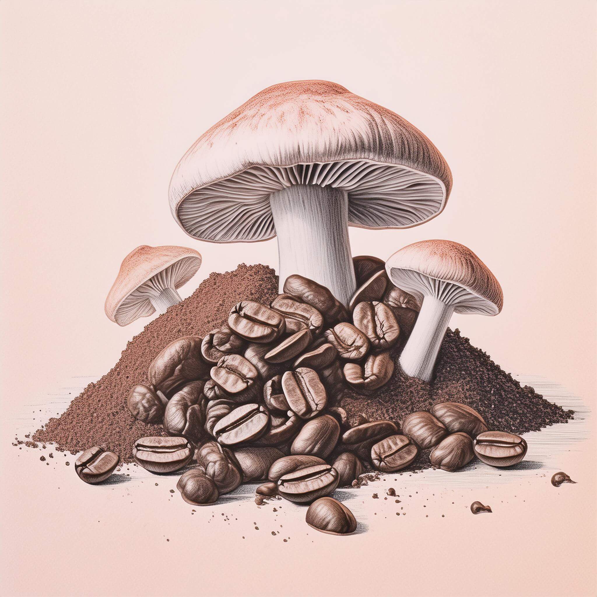 drawing of mushrooms and mushroom powder and coffee beans illustrating mushroom coffee