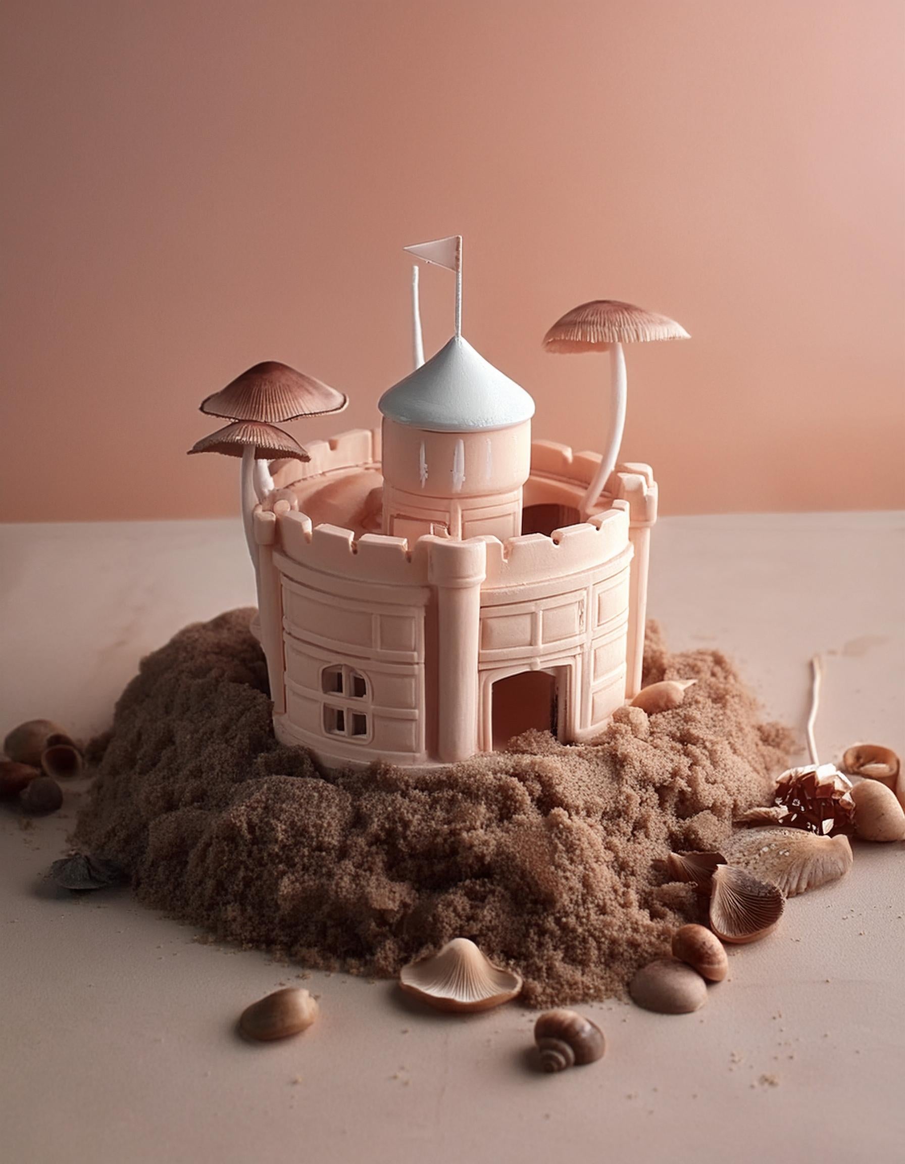 Castle on a heap of brown mushroom powder extract, symbolizing support for immune health