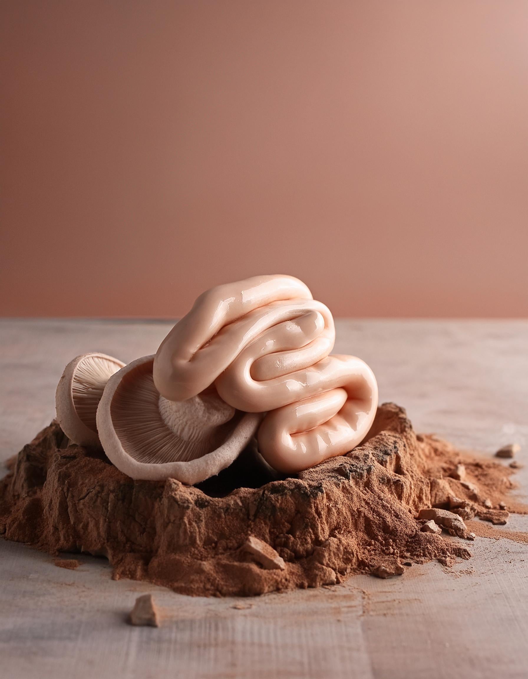 Intestines on a heap of brown mushroom powder extract, symbolizing support for gut health