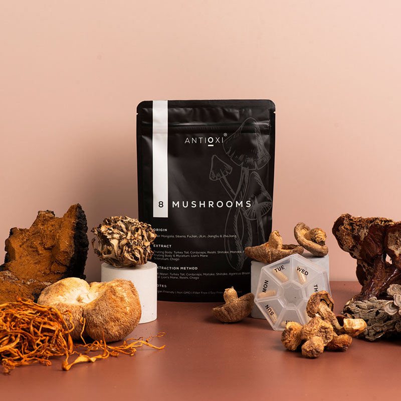 A product display featuring Antioxi's 8 Mushrooms Blend mushroom supplements surrounded by a variety of dried mushrooms, including Chaga, Lion's Mane, and Reishi.