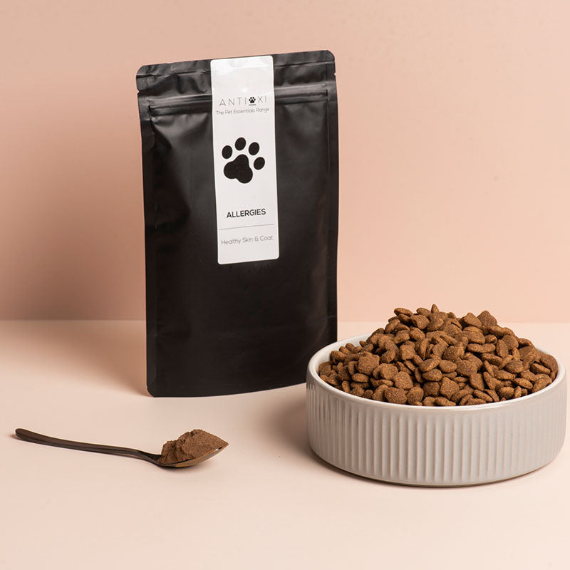 A pouch of Antioxi Allergies Blend mushroom supplements for pets is displayed next to a bowl of pet food and a spoonful of the brown supplement powder, showcasing the product's sleek black packaging and clear labeling with an illustration of a Paw print.