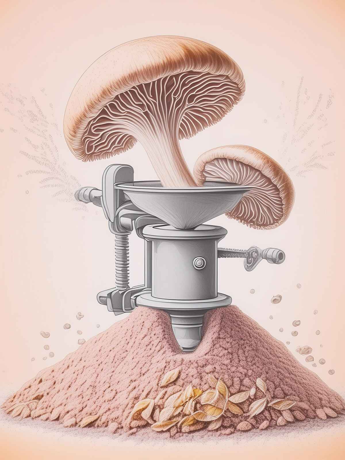Drawing of a mushroom being milled into powder in a milling machine, illustrating the process of creating fine mushroom extracts.