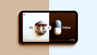 Minimalistic 'Us vs Them' YouTube cover for a medicinal mushroom company. The left side features a beautifully illustrated, warm-colored medicinal mushroom, symbolizing natural healing. The right side displays a stark, cooler-colored pharmaceutical pill, representing conventional medicine. The subtle divide between the two sides implies the superiority of the natural approach. Above, the title 'Us vs Them: Choose Natural' is written in a modern, sleek font, enhancing the minimalist aesthetic of the image.