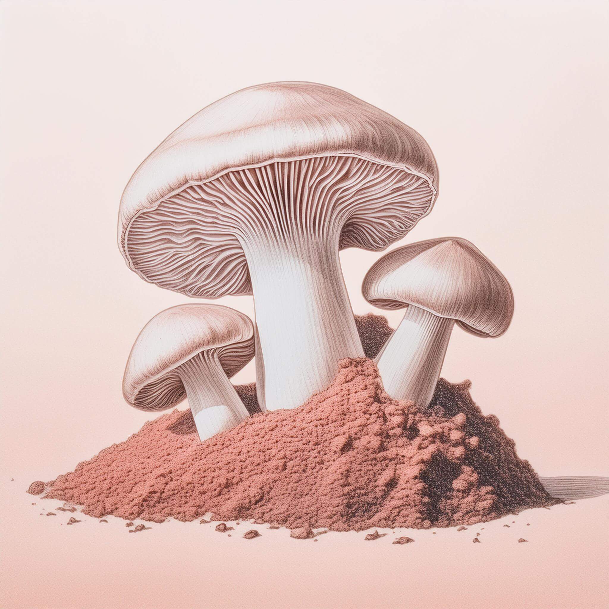 drawing of mushrooms and mushroom powder 