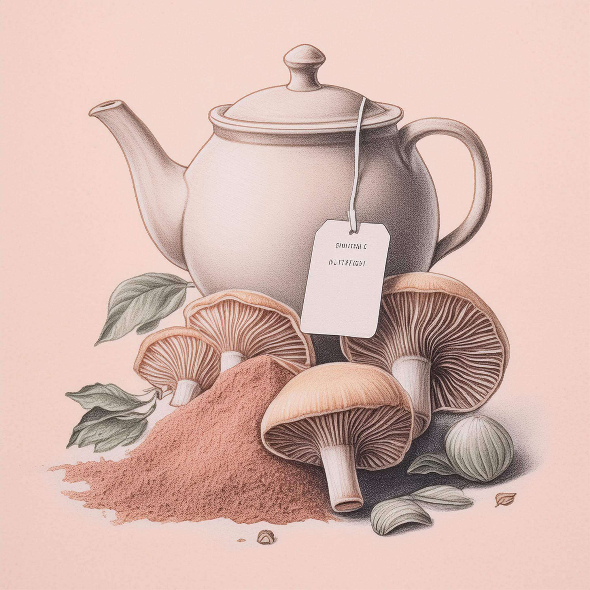 drawing of mushrooms and mushroom powder and tea pot with tea bag illustrating mushroom tea