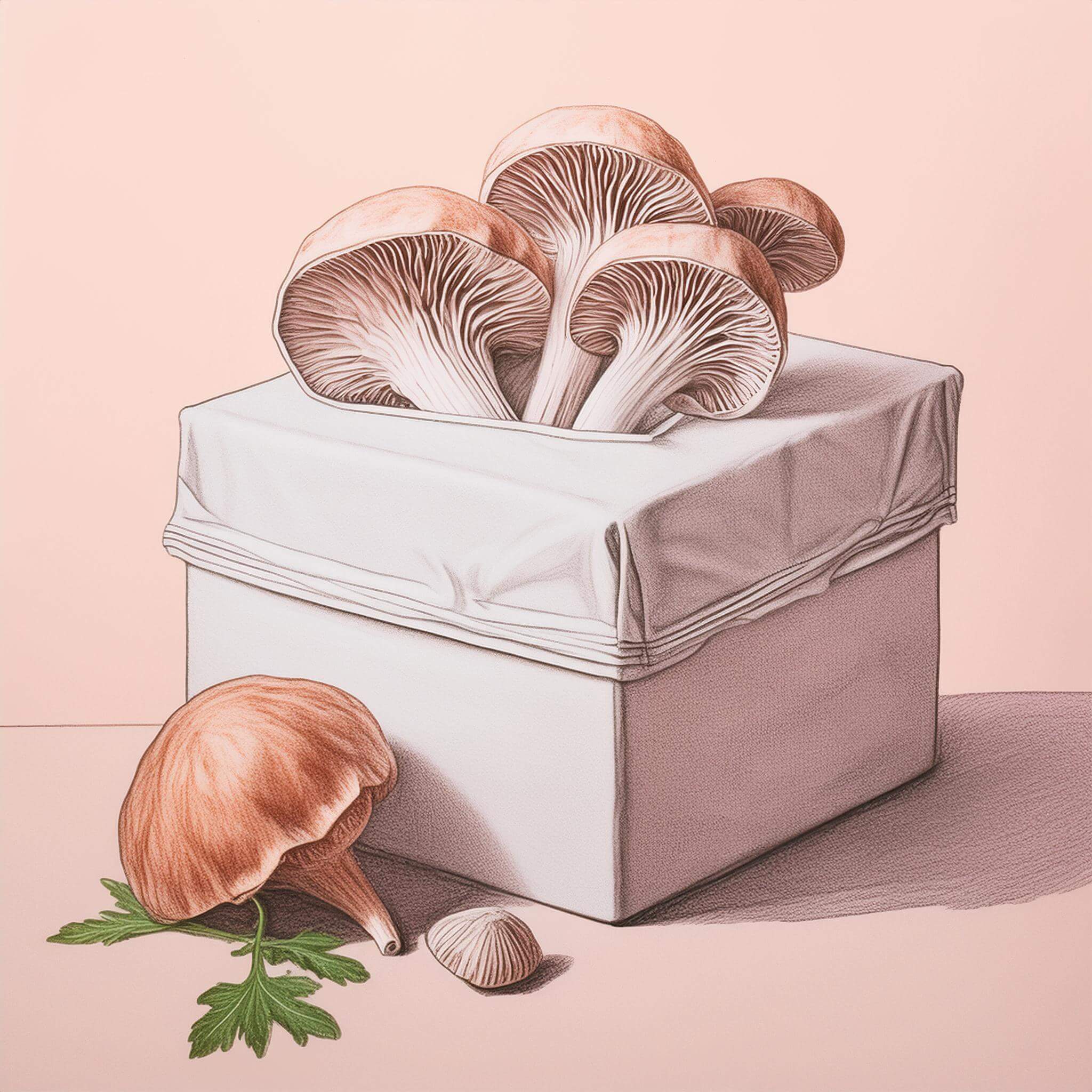 drawing of mushrooms and tissue box illustrating mushrooms for allergies