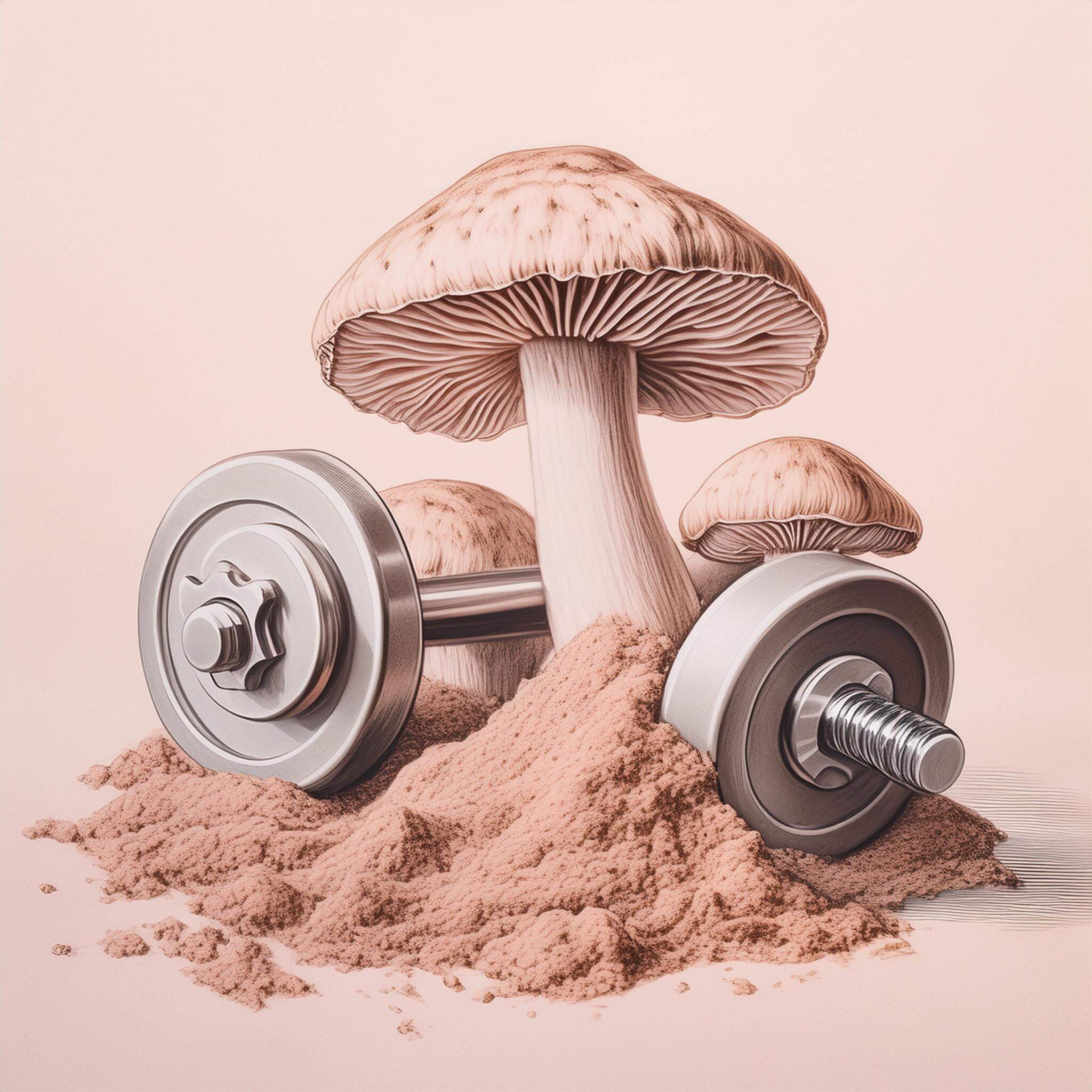 drawing of mushrooms and mushroom powder and weights  illustrating mushrooms for athletics