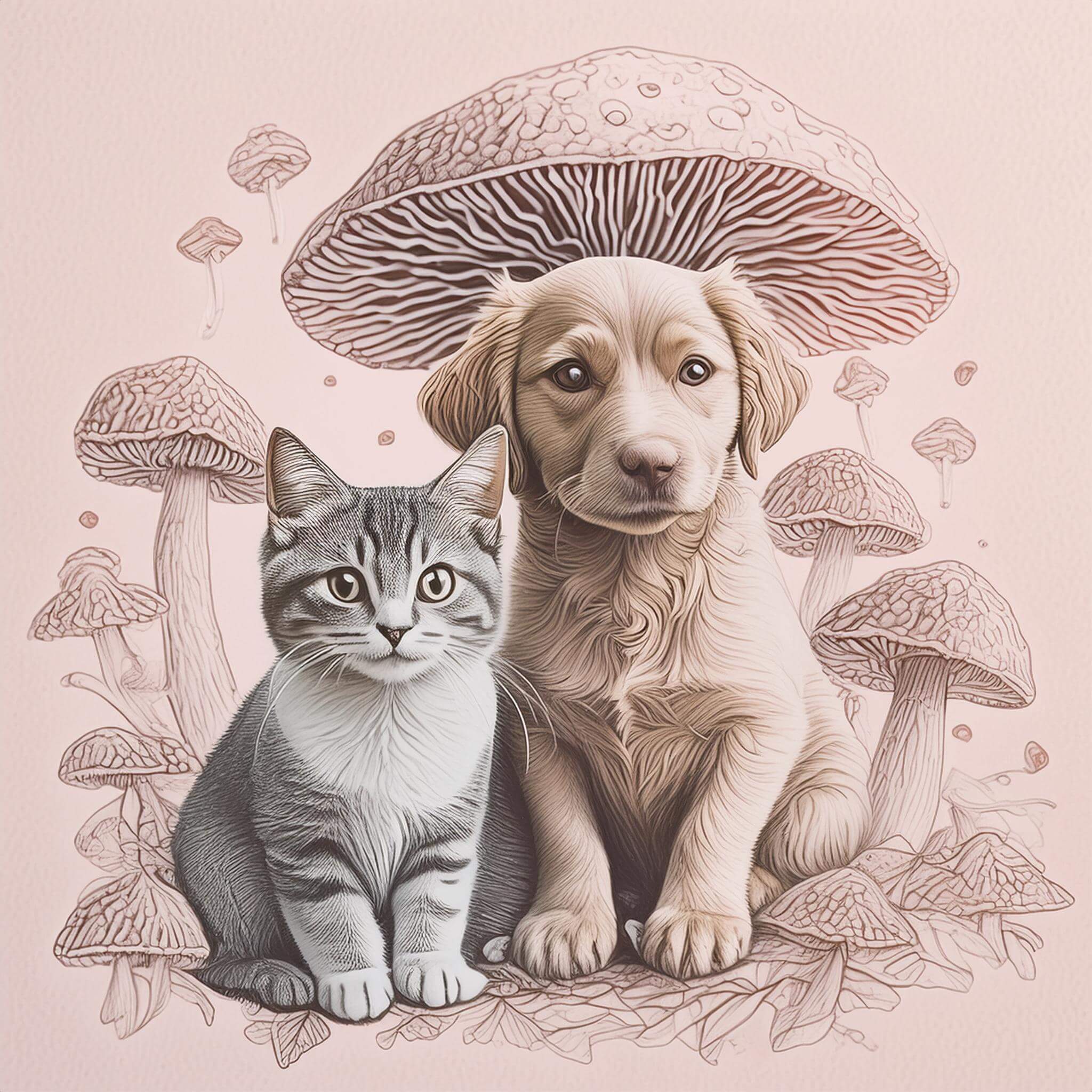 drawing of mushrooms and a dog and cat illustrating mushrooms for dogs and cats