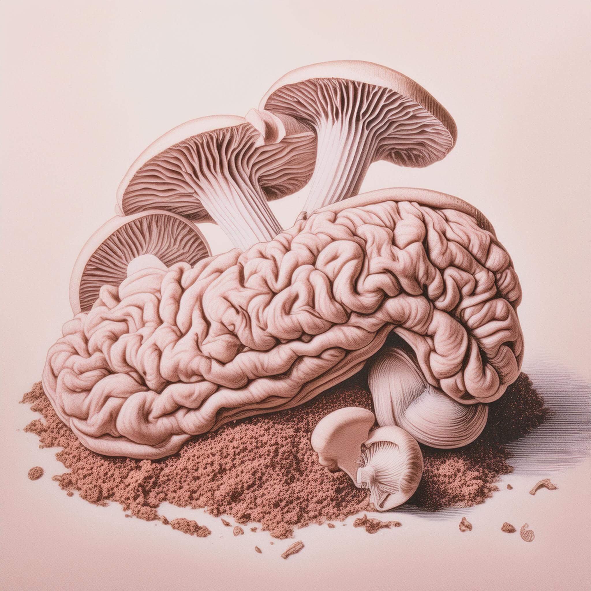 drawing of mushrooms and mushroom powder illustrating mushrooms for gut health