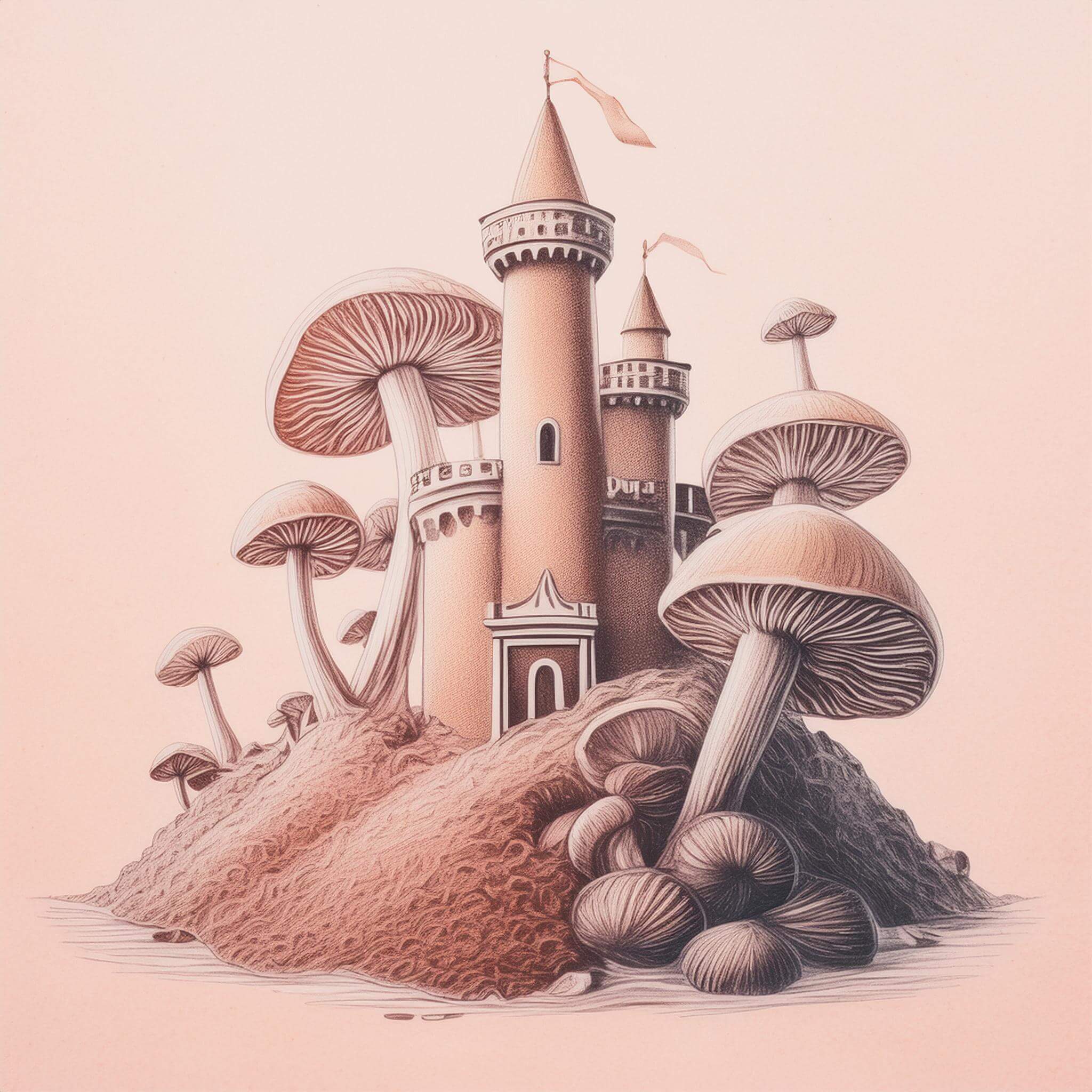 drawing of mushrooms and mushroom powder with a fortress illustrating mushrooms for immunity