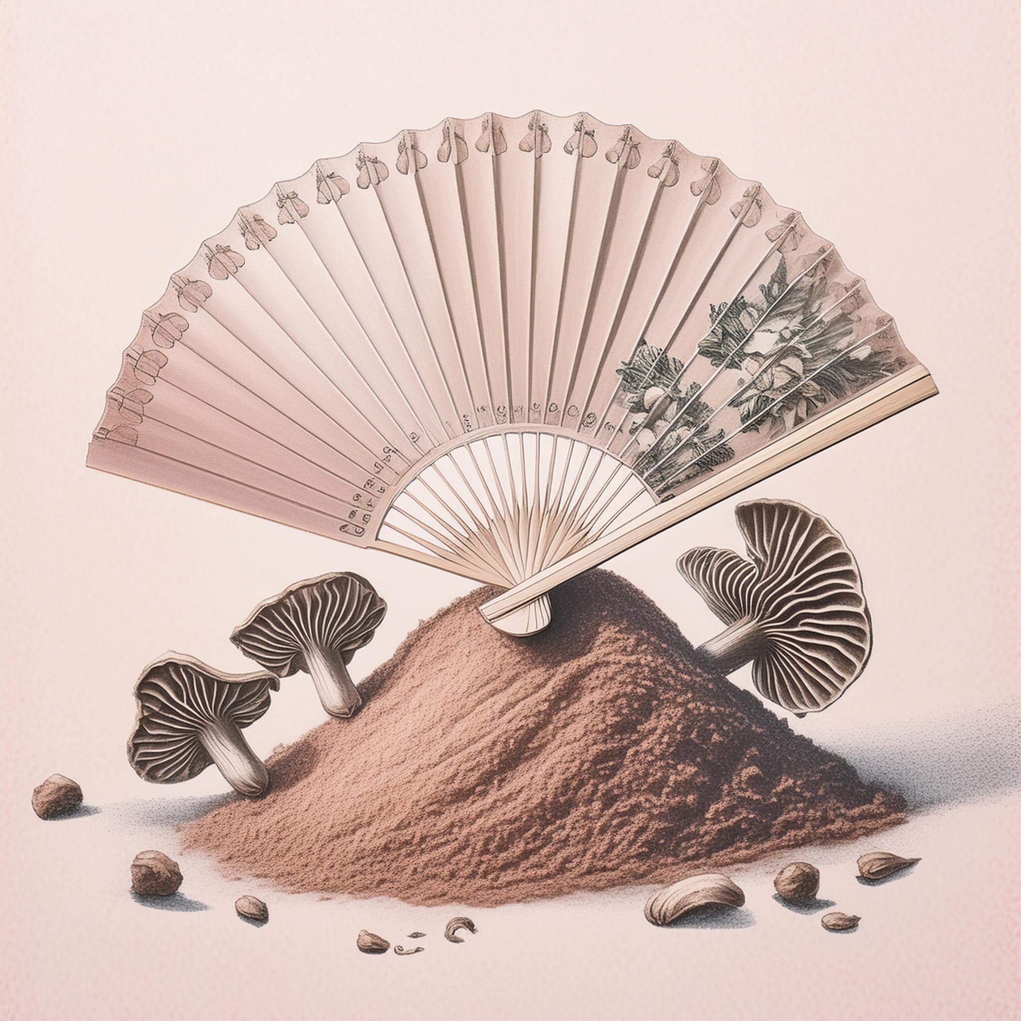 drawing of mushrooms and mushroom powder and a fan illustrating mushrooms for menopause