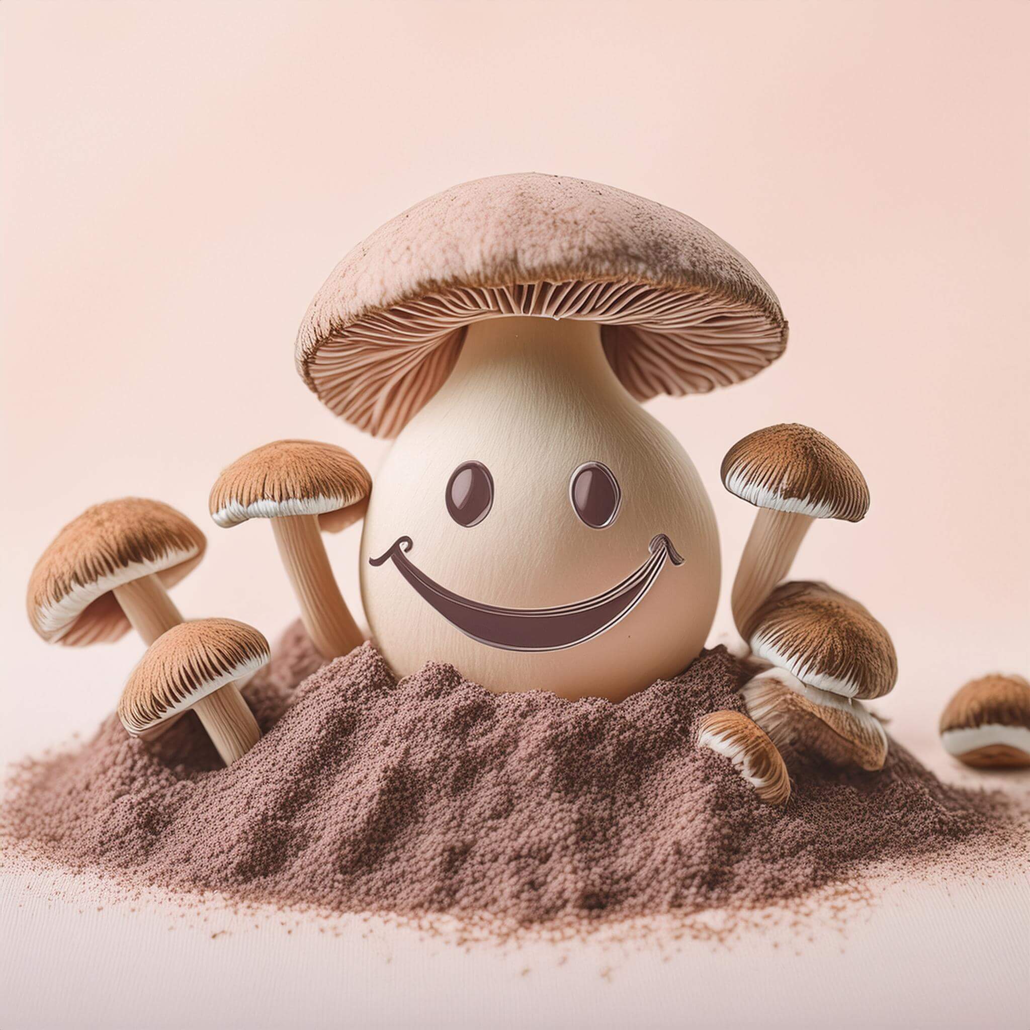 drawing of mushrooms and mushroom powder and a smiley illustrating mushrooms for mood