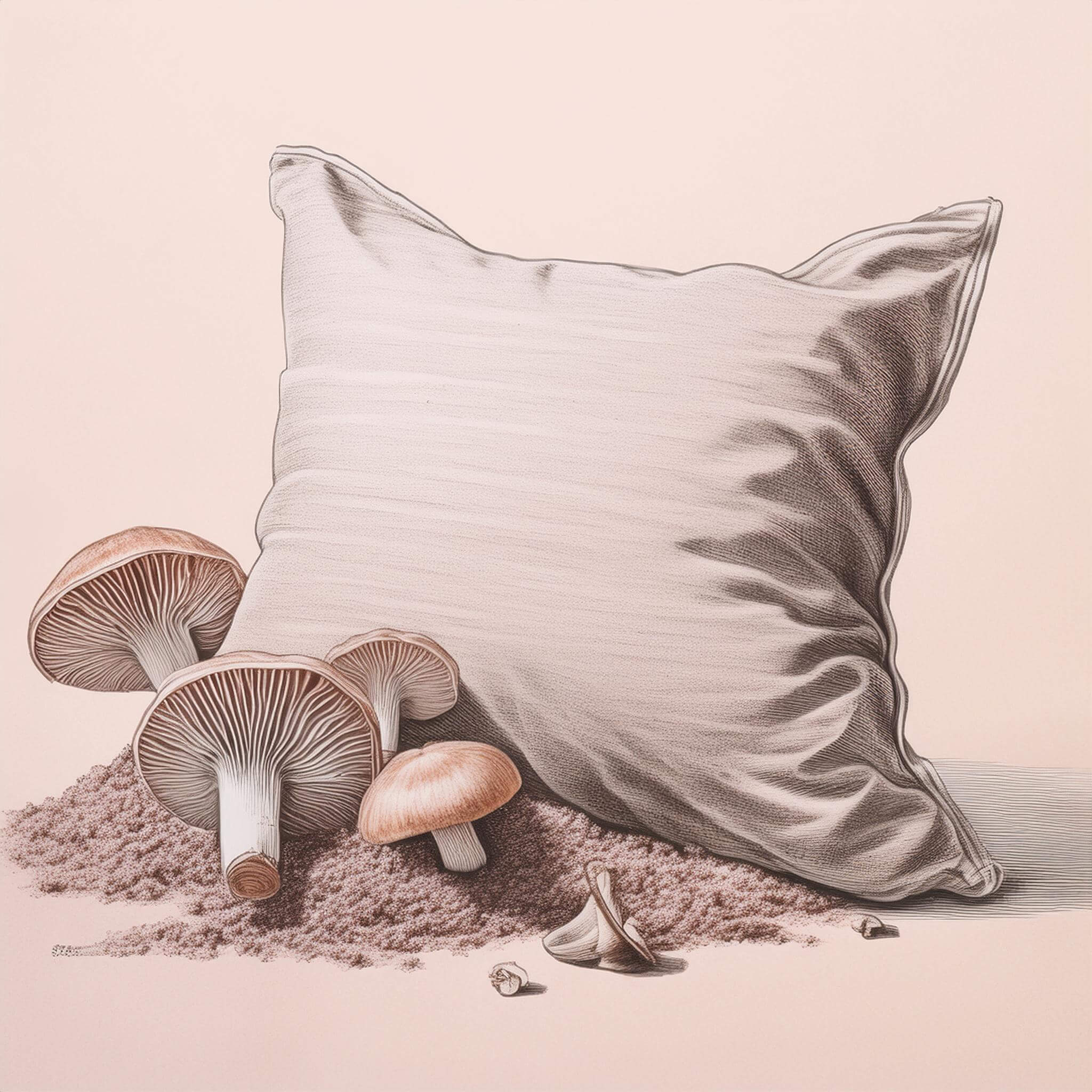 drawing of mushrooms and mushroom powder and a pillow illustrating mushrooms for sleep